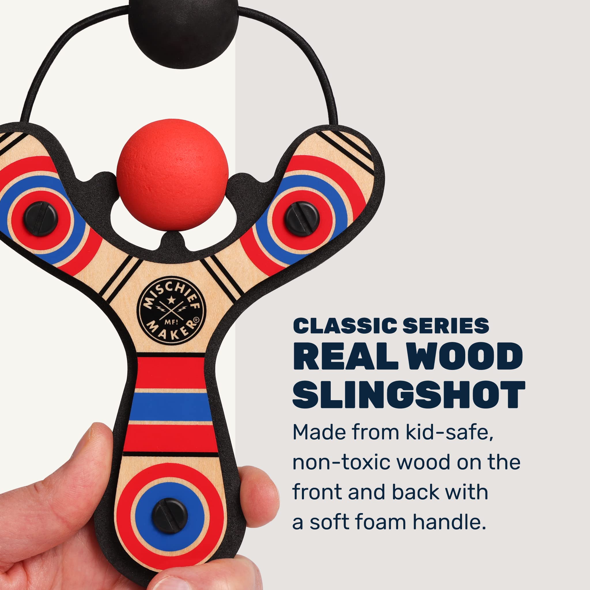Mighty Fun! - Mischief Maker® Wooden Slingshot - Classic Series - Real Wood Slingshot for Kids, 4 Soft Foam Balls and Storage Bag - Ages 4+ (red)