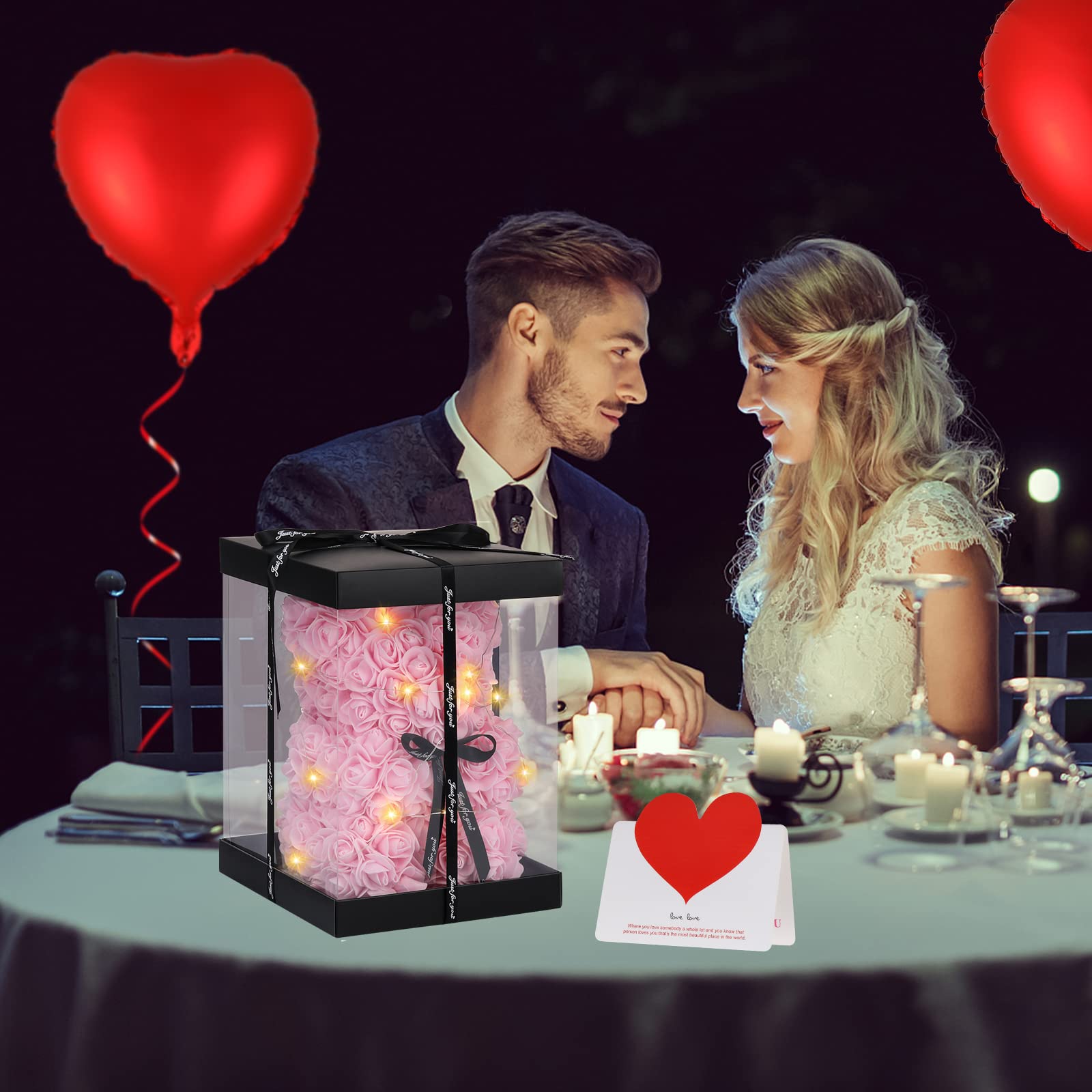 Rose Bear Mother's Day Flower Gifts for Mom Grandma, Rose Teddy Bear with Lights, Cute Teddy Flower Bear, Cute Romantic Present for Wife Girlfriend with Transparent Gift Box and Love Card