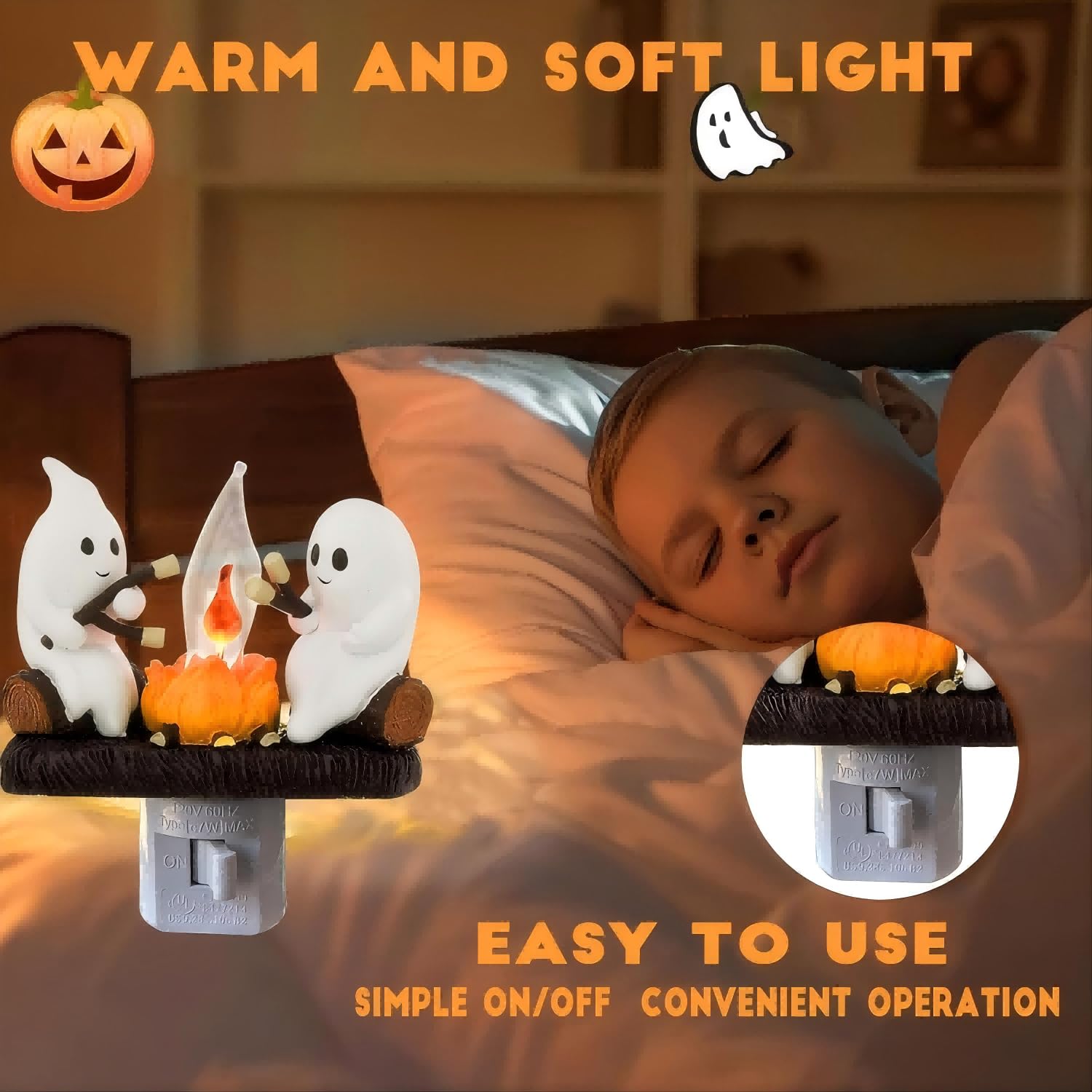 Ghost Campfire Nightlight,Halloween Campfire Flickering Night Light,3D Spooky Fire Marshmallow Night Light for Halloween Decor (Cute Ghost)