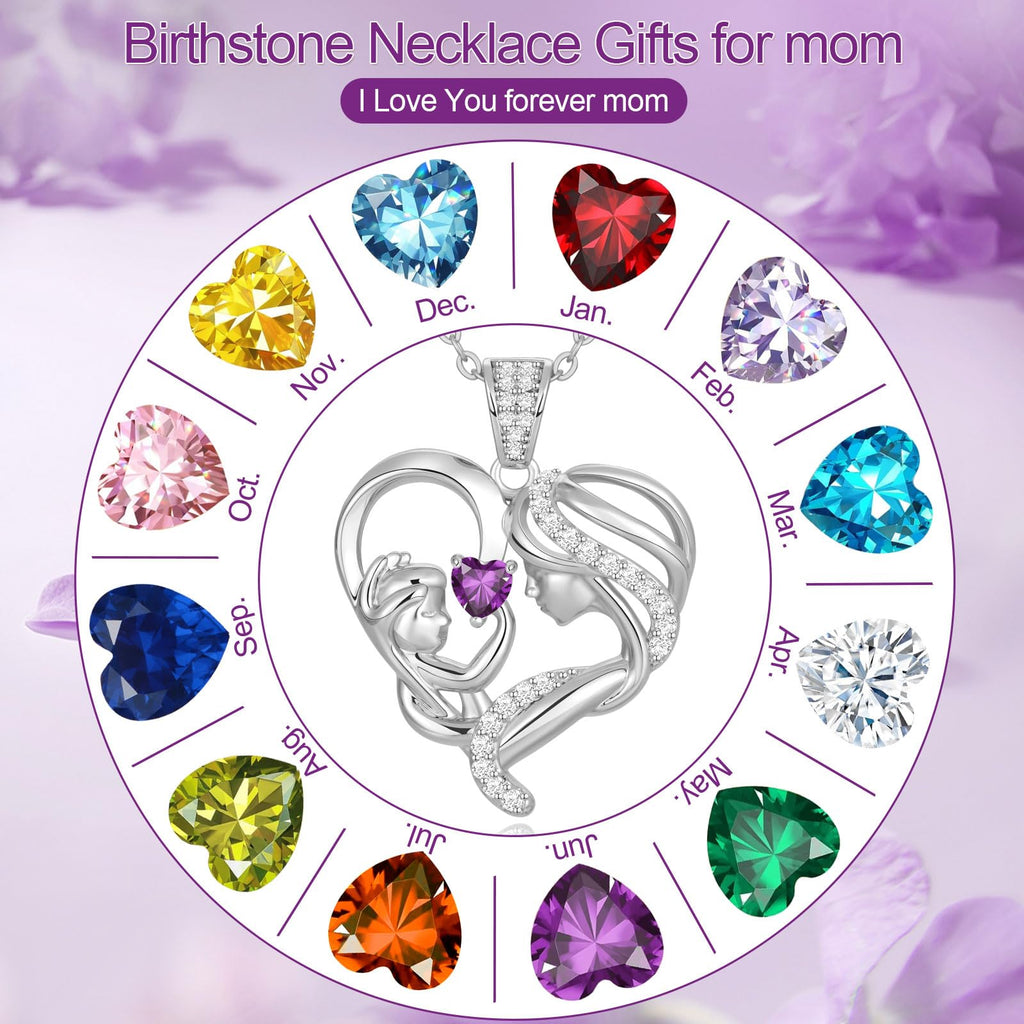 Mothers Day Gifts for Mom Wife Her Grandma, S925 Sterling Silver Birthstone Necklaces Jewelry for Women, Mother's Day Love Heart Pendant Necklace for Anniversary Birthday Christmas Day