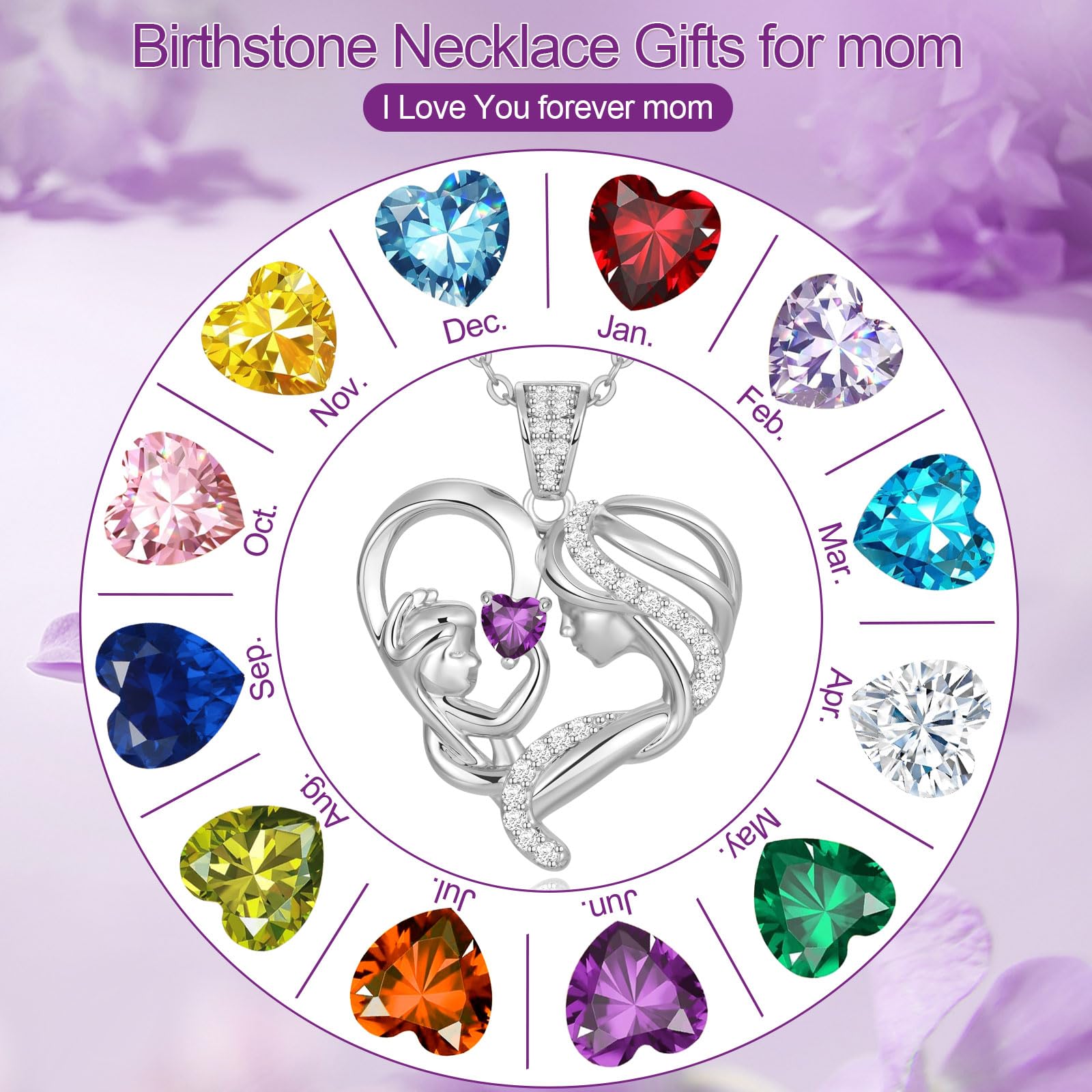 Mothers Day Gifts for Mom Wife Her Grandma, S925 Sterling Silver Birthstone Necklaces Jewelry for Women, Mother's Day Love Heart Pendant Necklace for Anniversary Birthday Christmas Day