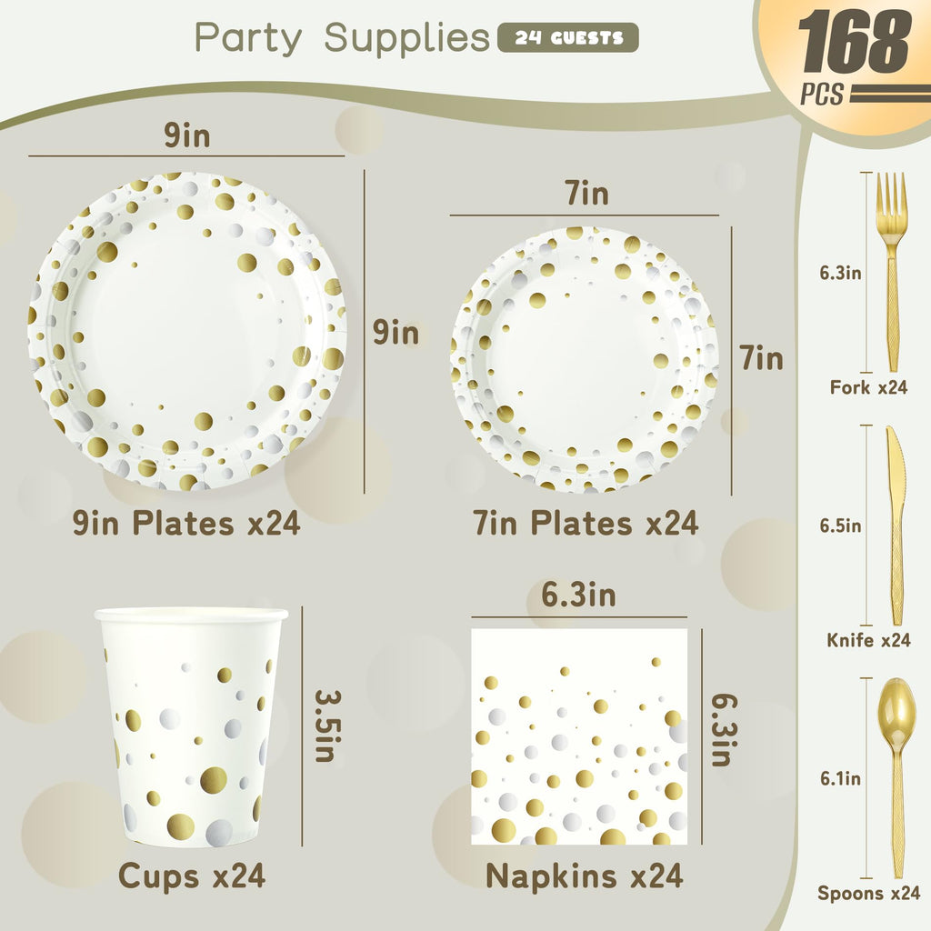 168pcs Happy New Year Party Supplies, Black and White Paper Plates Napkins Cups and Transparent Gold Cutlery for 24 Guests, 2026 New Year Disposable Tableware Supplies for Party Decorations