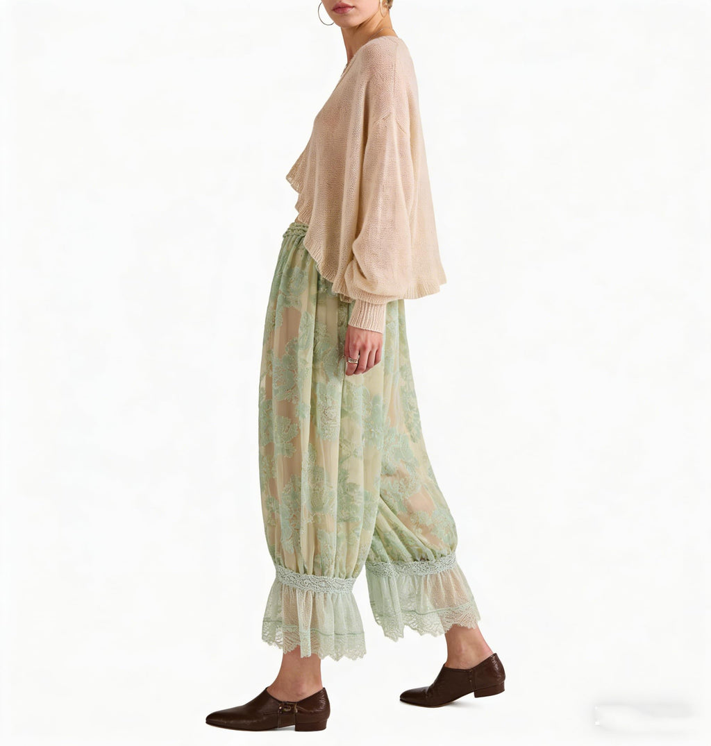 Women Lace Trim Long Bloomers Y2k Elastic Mid Rise Floral Ruffle Pantaloons Flared Slips Pants Pajama Bottoms