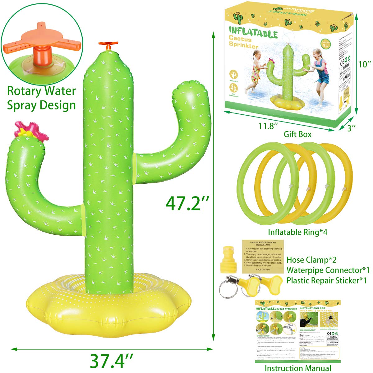 Sprinkler for Kids Outdoor Water Toy, Inflatable Cactus Toddler Sprinkler Toy Summer Water Toys Outside Backyard Garden Yard Fun Sprinklers Spray Toys with 4 Rings