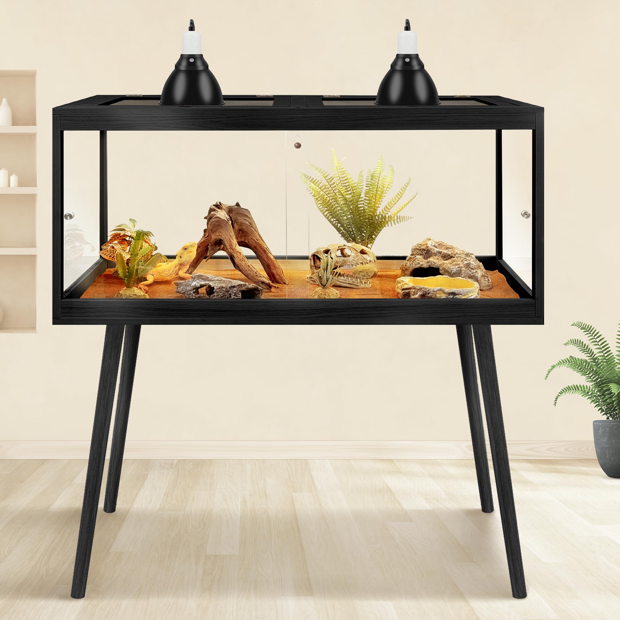 PROLEE Reptile Enclosure with Leg, 35 Gallons Bearded Dragon Tank, Tempered Glass Lizard Tank with Metal Mesh Tops and Lockable Door, Spacious Reptile Habitat for Snake,Lizard (Oak)
