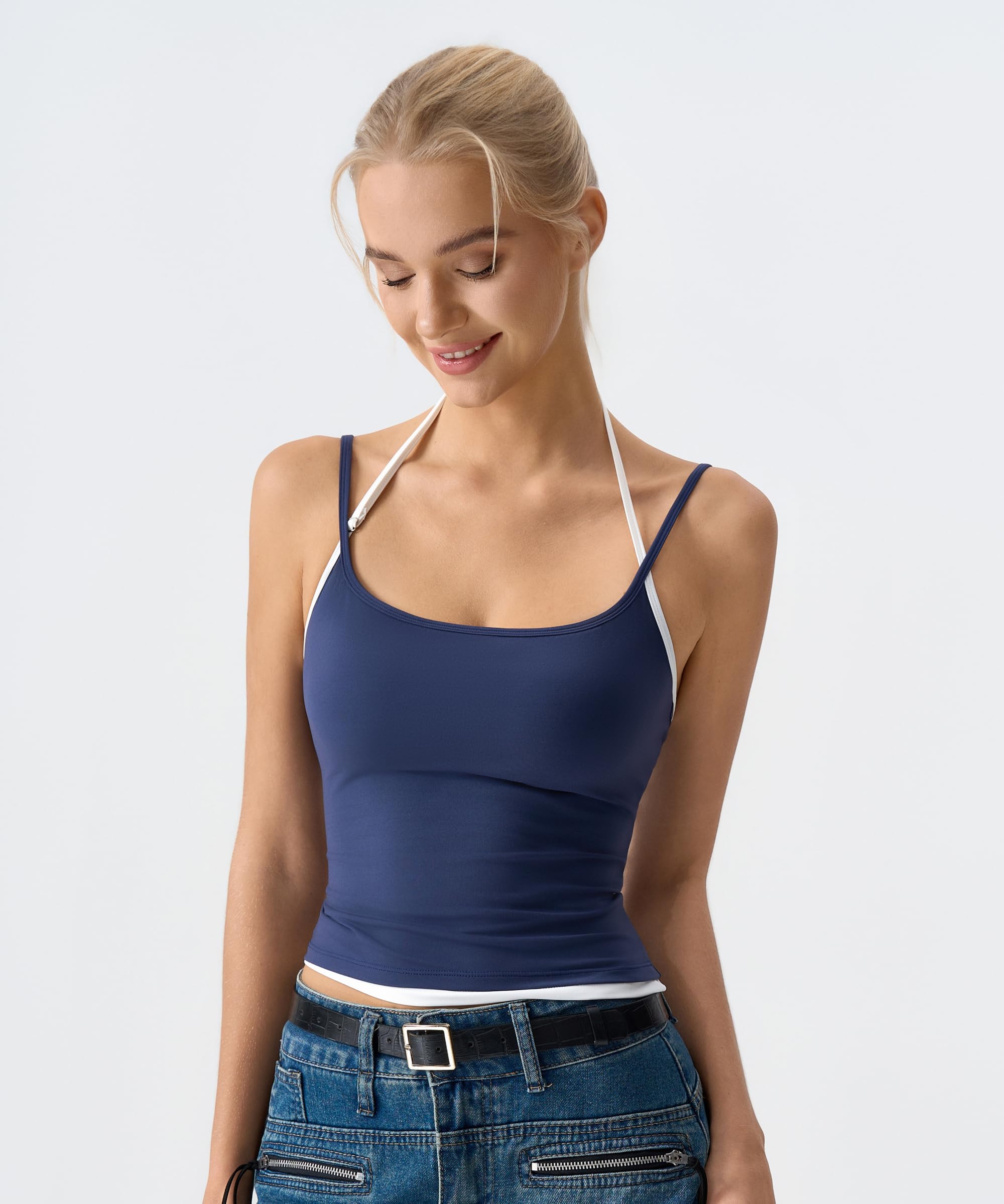 QINSEN Women's Spaghetti Strap Tank Top Slim Fitting Layered Halter Neck Sleeveless Crop Cami Shirt
