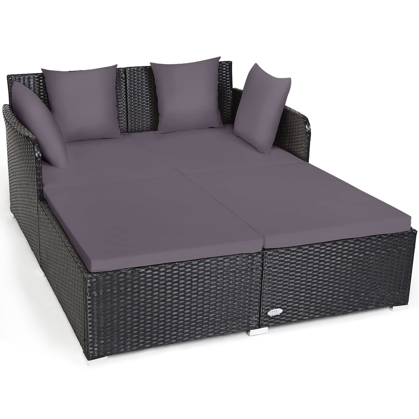 Tangkula Patio Rattan Daybed with Retractable Canopy, Outdoor Wicker Sunbed Lounger with 2 Foldable Side Tables, Thick Seat & Back Cushions, Outside Double Daybed for Garden, Backyard, Porch