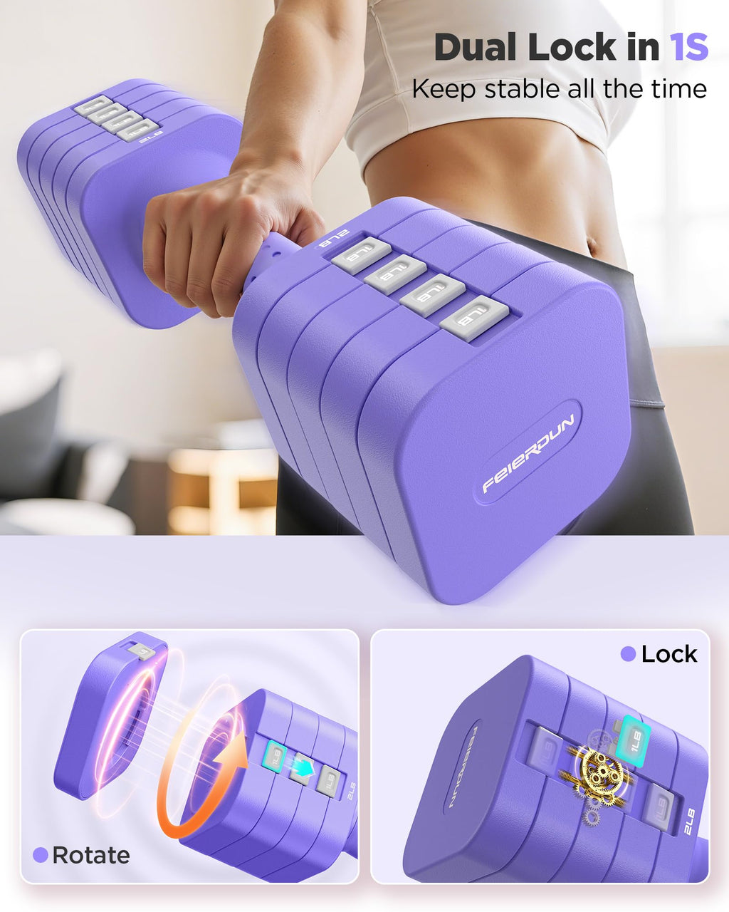 FEIERDUN DB3 5-in-1 Adjustable Dumbbell Set, 6LB/10LB Pair Adjustable Weights for Women at Home, Dual Locking Stable Hand Weights with TPU Soft Handle, Home Gym, Rehab, Pilates, Yoga, Strength Training