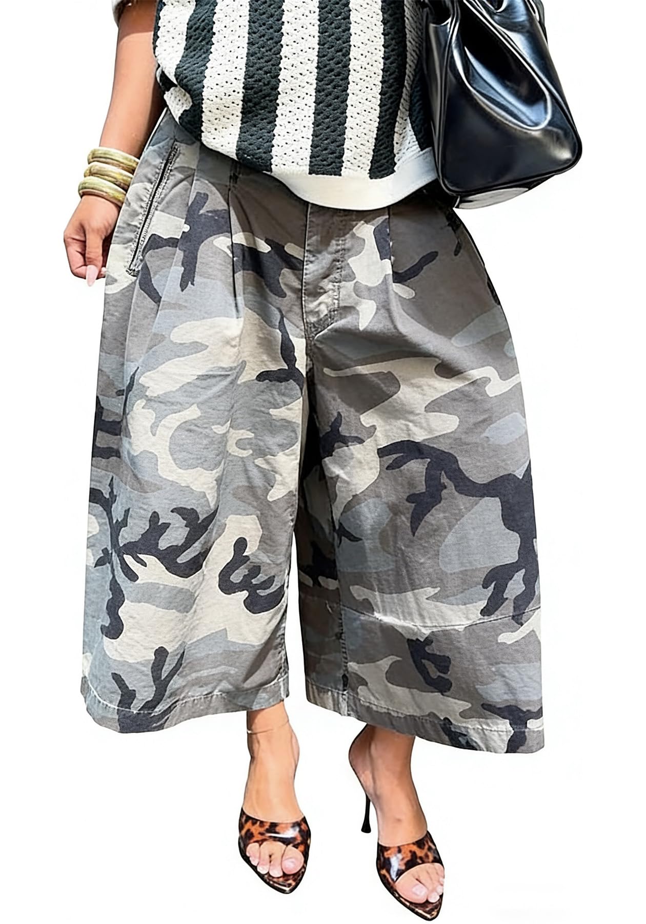 Unybwonn Women Baggy Cargo Jeans Camo Army Fatigue Wide Leg Harem Cropped Denim Pants Plus Size Camouflage Jean Trousers