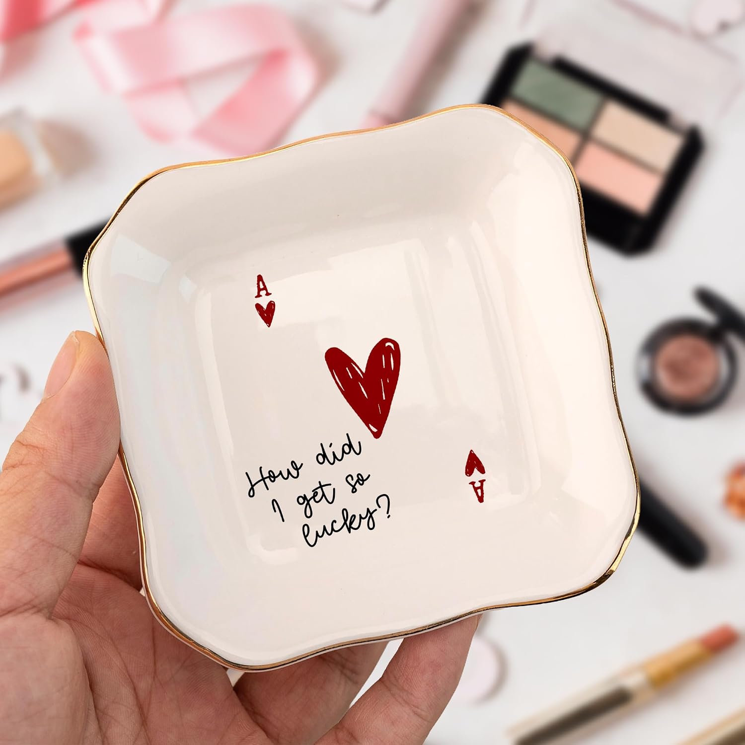 Funny Love Jewelry Dish with Heart Playing Card – “How Did I Get So Lucky?” Romantic Trinket Dish for Couples – Cute Anniversary, Valentine’s Day, Wedding Gift for Wife, Husband, Girlfriend, Boyfriend