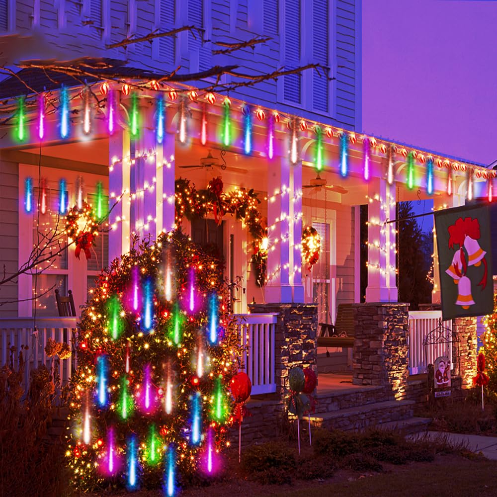Kwaiffeo Outdoor Christmas Decorations, 24 Tubes(Equivalent to 3 Sets of 8-Tubes) LED Meteor Shower Lights for Xmas Halloween Decor Yard Lawn Outside Party, Outdoor Lighted Christmas-Themed Ornaments