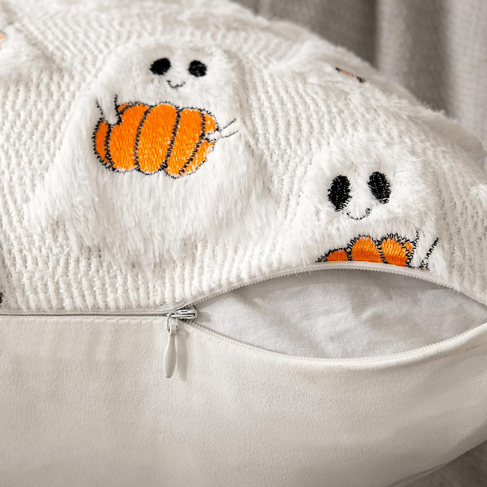 Halloween Decor Throw Pillow Covers Set of 2-18x18 Inches Ivory Cute Ghost Hugging Pumpkin, Plush Soft for Spooky Season & Cozy Fall Decor