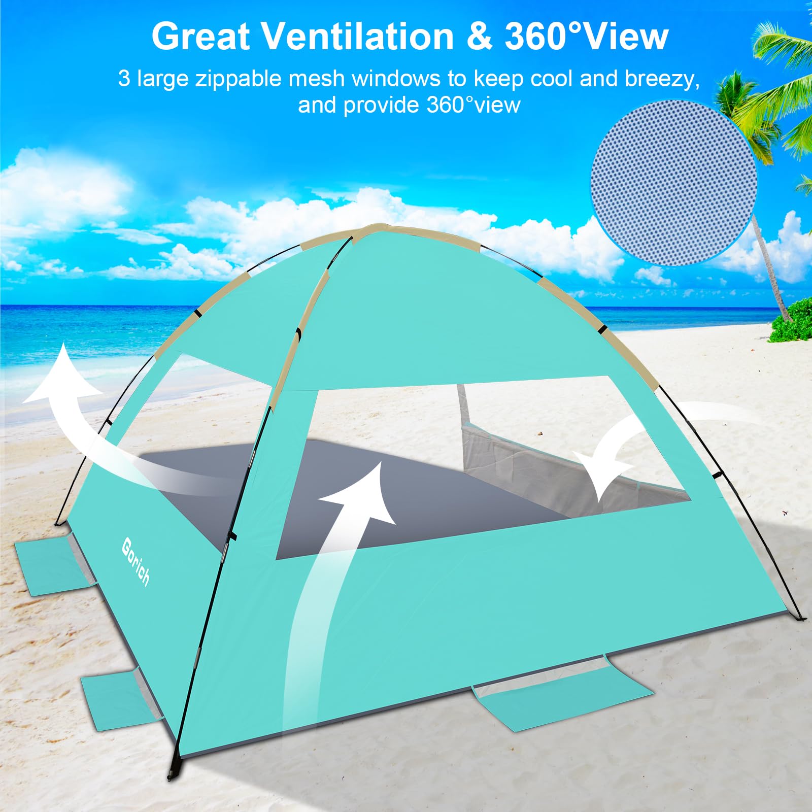 Gorich Beach Tent Sun Shelter for 3/4/6/8/10 Person with UPF 50＋ UV Protection, Lightweight & Easy Setup Beach Shade Canopy, Portable Beach Shade Tent Beach Cabana