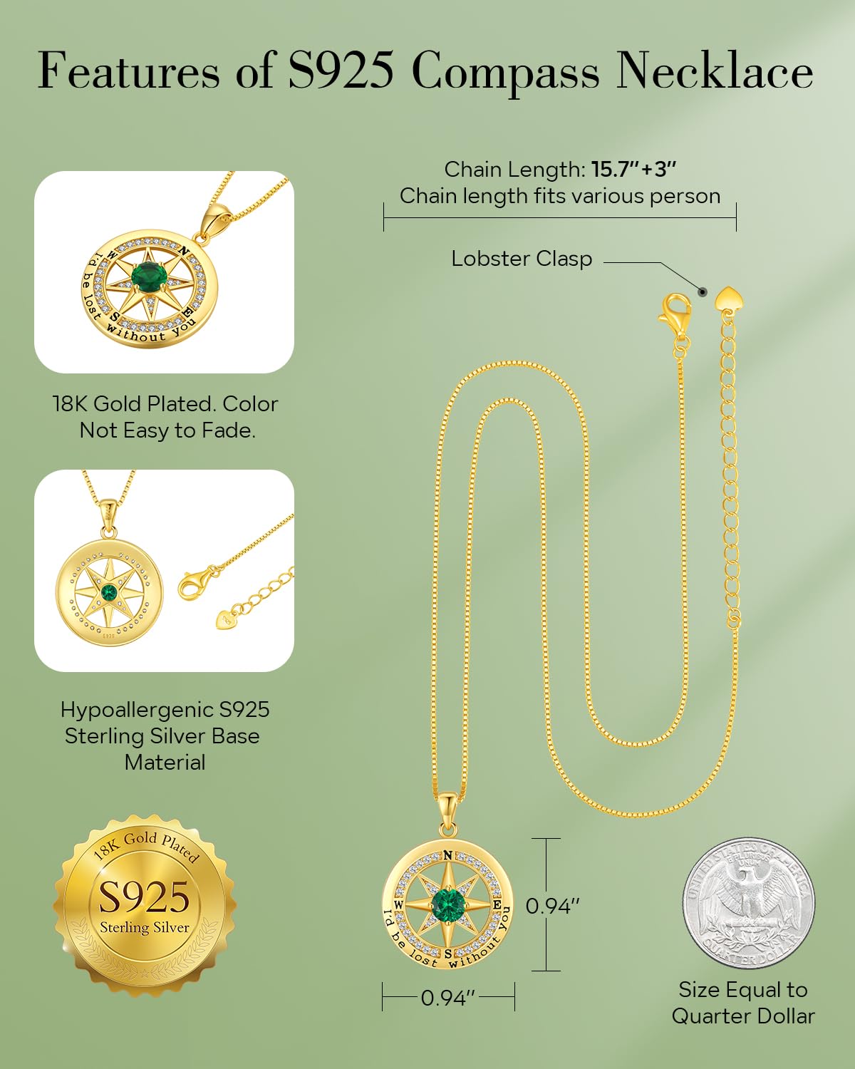 S925 Necklace Gift for Wife |Compass Jewelry |Women Anniversary |Sterling Silver |Girlfriend Birthday Gifts for Her Valentines |I'd be Lost without You |Jewel 18K Gold