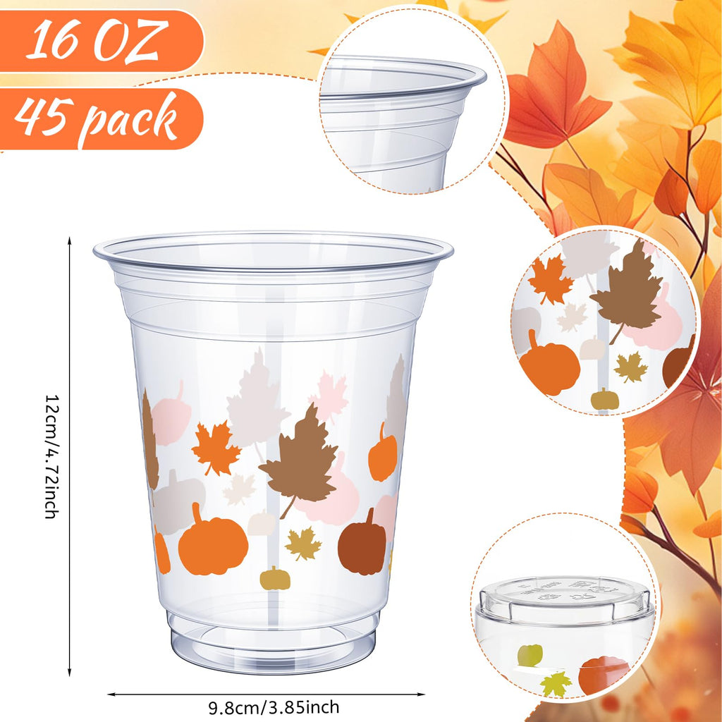Uiifan 45 Pcs Fall Pumpkin Cups Bulk 16oz Fall Party Supplies Thanksgiving Disposable Plastic Drinking Cups Pumpkin Maple Leaf Decoration for Autumn Harvest Wedding Party Supplies