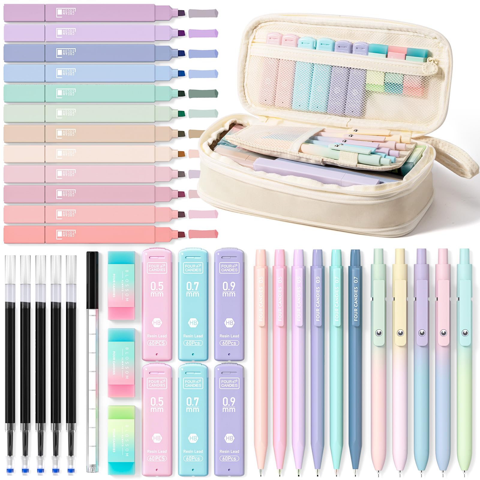Four Candies 39 PCS Aesthetic Stationery Set with Cute Pen Case, College Supplies and Nursing Student Essentials, 12 Pastel Highlighters, 5 Black Gel Pens, 6 Mechanical Pencils, Blue