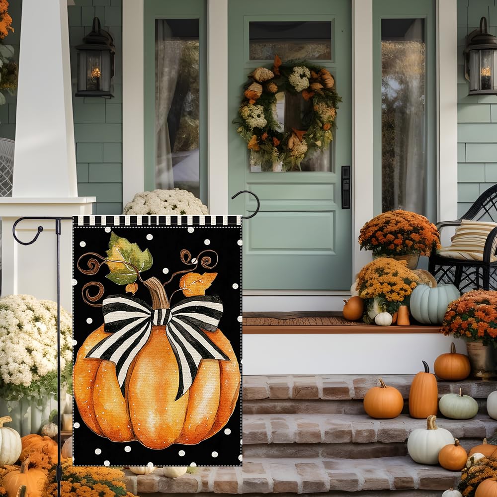 Fall Garden Flag For Outdoor Decor Thanksgiving Garden Flags Autumn Stained Glass Pumpkin Maple Leaf Double Sided Small Burlap Outside Porch Lawn Yard Flags Decorations 12.5x18 Inch