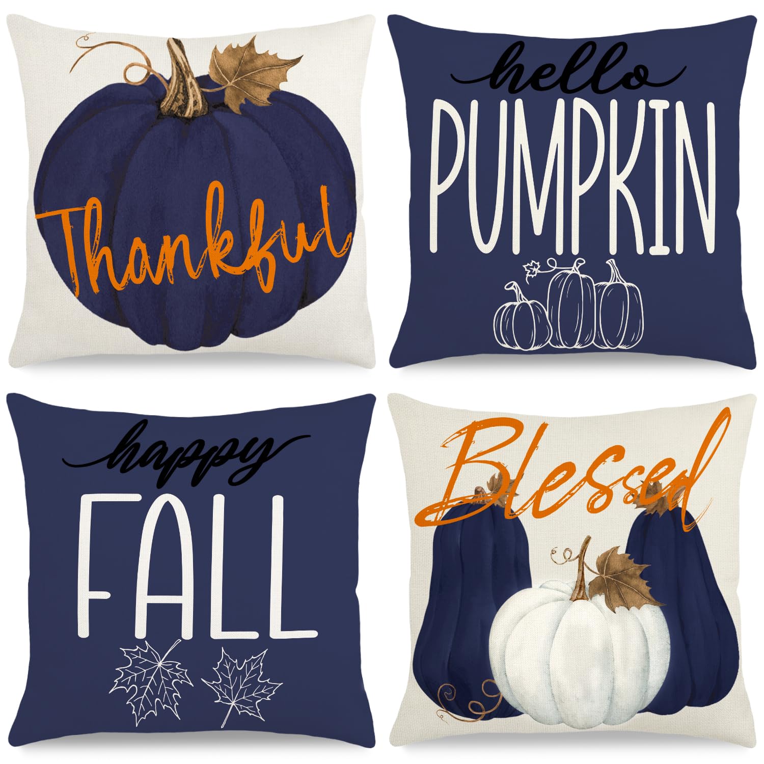 Fall Pillow Covers 18x18 Inch Autumn Pumpkin Maple Leaf Throw Pillowcase Orange Cushion Case for Thanksgiving Home Farmhouse Couch Sofa Bed Indoor Outdoor Decor (Set of 4)