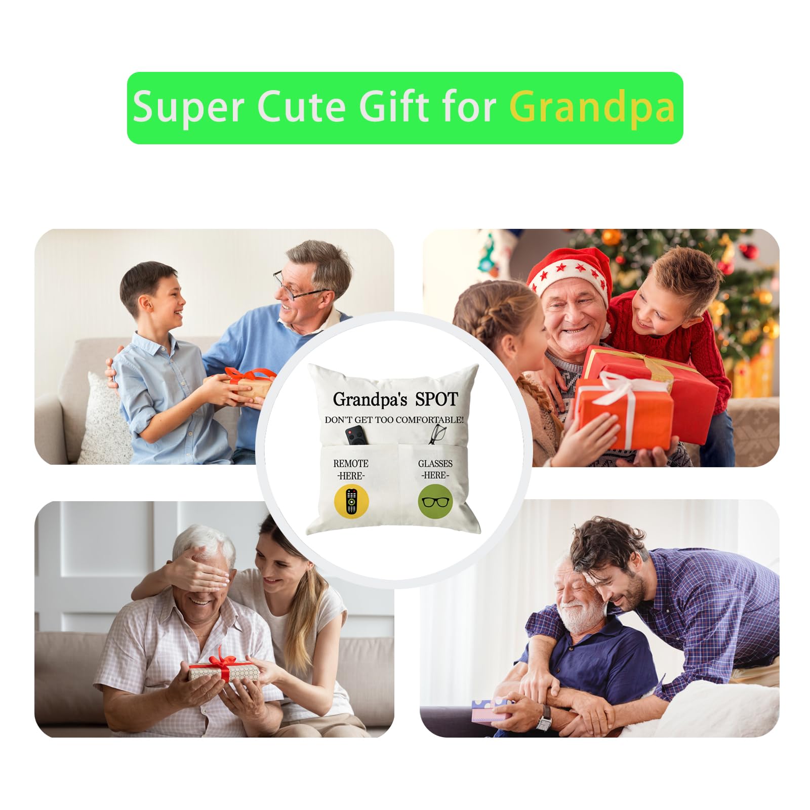 ONFAON Grandpa Gifts,Grandpa's Spot Throw Pillow Covers 18x18 Inch,Put Phone Glasses and Remote Control Pillowcase,Birthday Christmas Thanksgiving Day Gifts for Grandpa Stepdad,3-Pocket