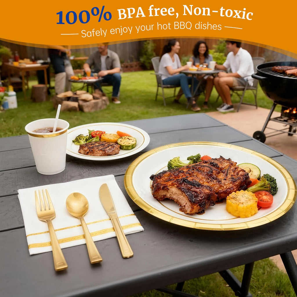 AIRE 175PCS Black and Gold Paper Plates Party Supplies for 25 Guests Disposable Party Decorations Dinnerware Golden Dot Black Paper Plates Napkins Cups Gold Plastic Forks Knives Spoons for Mothers Day
