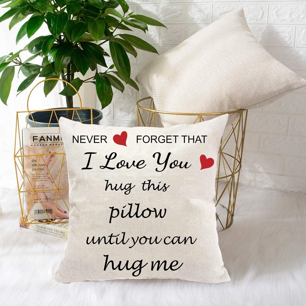 Anrkets Two Sided Printing Lover Pillow Cover I Love You Hug This Pillow Until You Can Hug Me, Valentine's Day Birthday Gifts for Girlfriend Cotton Linen Square Decorative Waist Pillowcase 18"x 18"