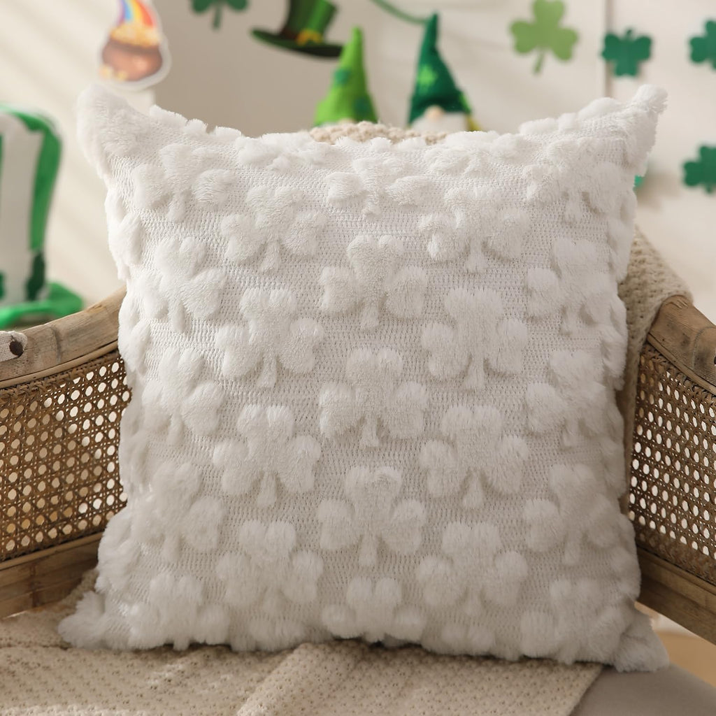 DFXSZ St Patricks Day Pillow Covers 18x18 inch Set of 2 St Patricks Day Decorations Green Shamrock Soft Plush Faux Fur Jacquard Throw Pillows for Bedroom Sofa Holiday Festivals Home Decor PTK021A18