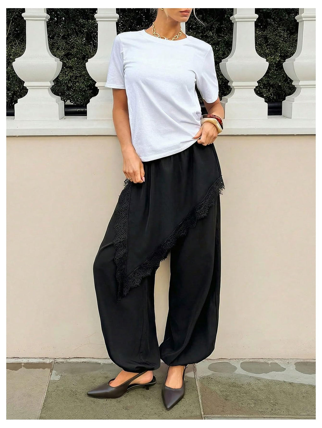 GORGLITTER Women's Satin Skirt Pants Lace Trim High Waisted Asymmetrical Hem Balloon Pants