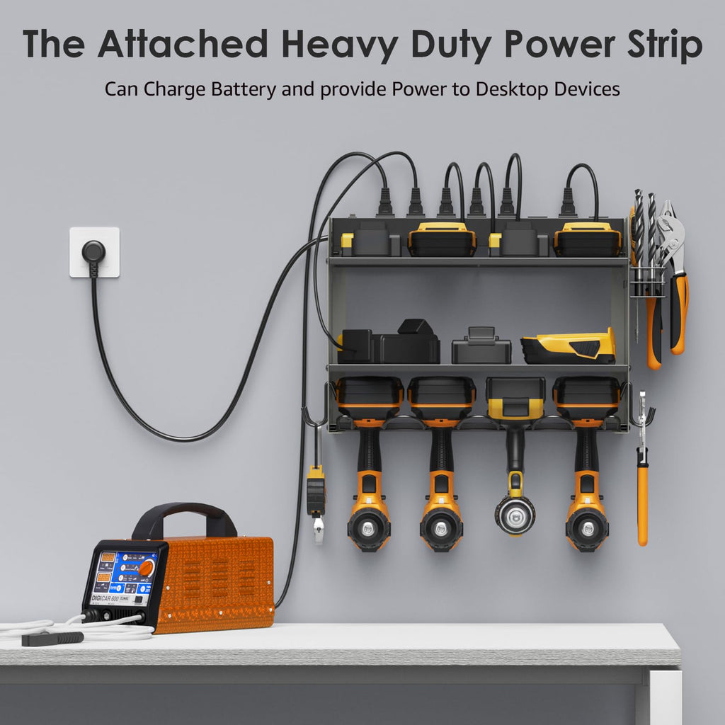 CCCEI Modular Power Tool Organizer Wall Mount with Charging Station. Garage Drill Storage Shelf with Hooks, Heavy Duty Rack, Tool Battery Holder Built in 8 Outlet. Gift for Men. Red, 1 Pack.