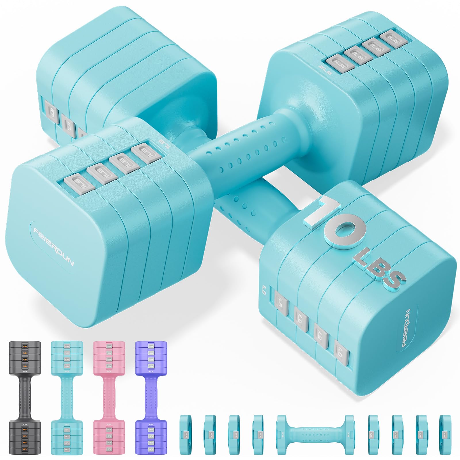 FEIERDUN DB3 5-in-1 Adjustable Dumbbell Set, 6LB/10LB Pair Adjustable Weights for Women at Home, Dual Locking Stable Hand Weights with TPU Soft Handle, Home Gym, Rehab, Pilates, Yoga, Strength Training
