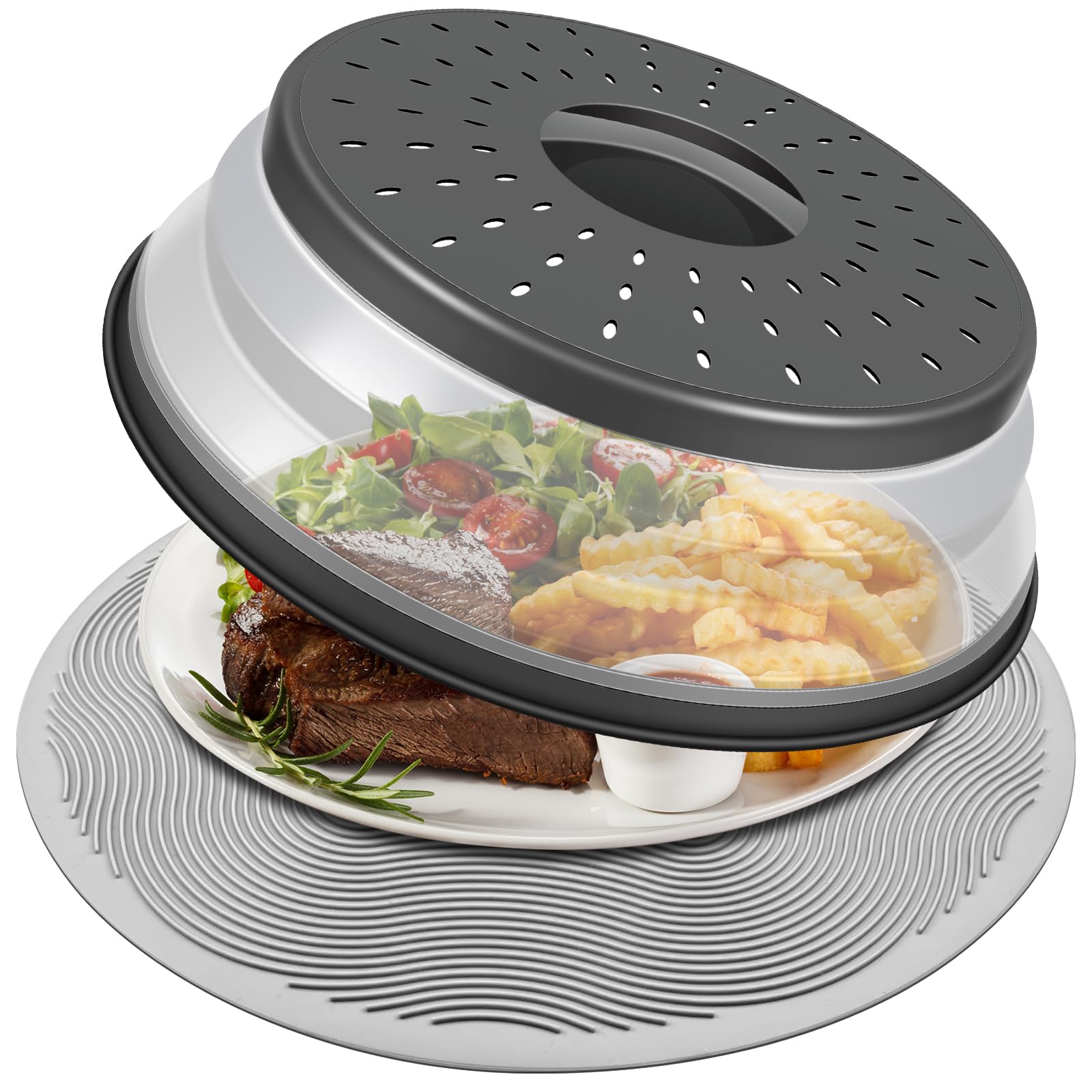 LekDrok 10 Inch Microwave Food Cover & Collapsible Silicone Mat - Splatter Guard, Plate Holder & Kitchen Colander for Meal Prep, Charcoal