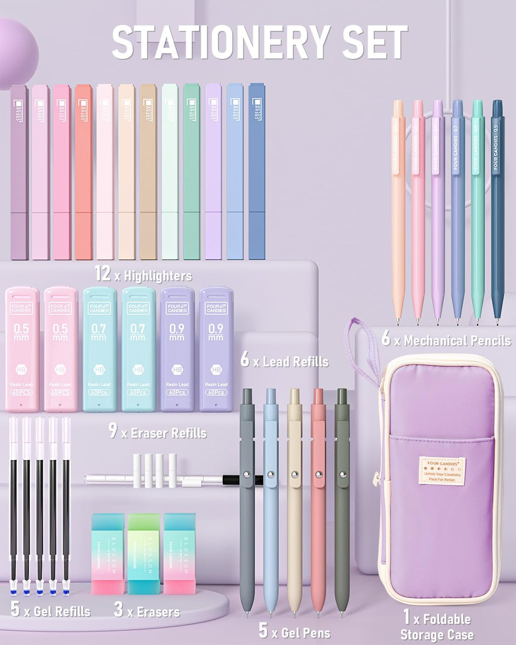 Four Candies 39 PCS Aesthetic Stationery Set with Cute Pen Case, College Supplies and Nursing Student Essentials, 12 Pastel Highlighters, 5 Black Gel Pens, 6 Mechanical Pencils, Blue