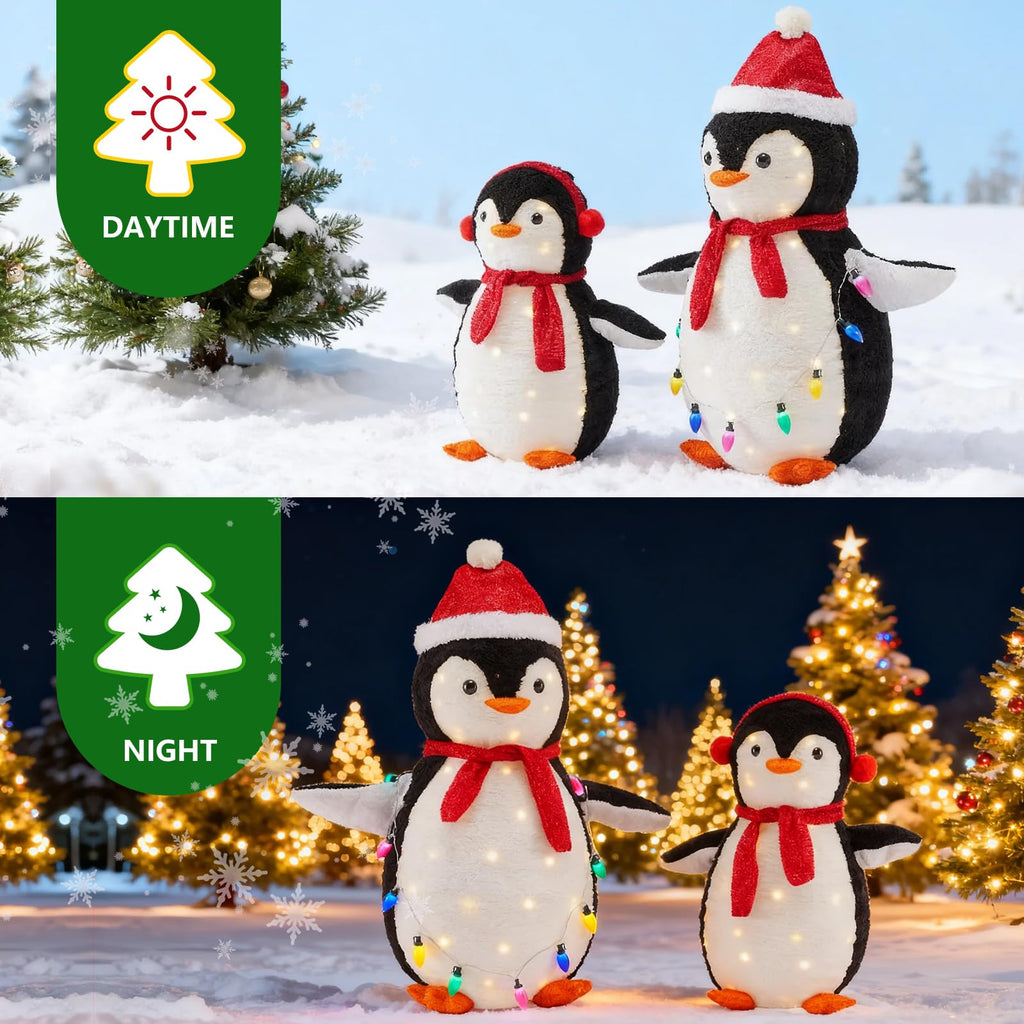 DUMOS 2-Piece Lighted Penguin Family Lovely Outdoor Christmas Decoration, Pop up Holiday Decor with 150 LED Lights for Yard, Garden, Storefront, White&Blue
