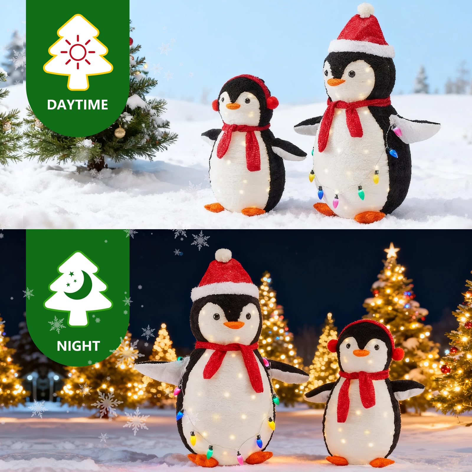 DUMOS 2-Piece Lighted Penguin Family Lovely Outdoor Christmas Decoration, Pop up Holiday Decor with 150 LED Lights for Yard, Garden, Storefront, White&Blue