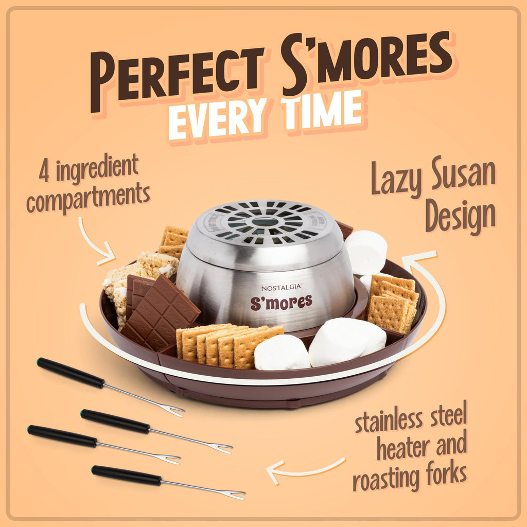 Nostalgia Tabletop Indoor Electric S'mores Maker - Smores Kit With Marshmallow Roasting Sticks and 4 Trays for Graham Crackers, Chocolate, and Marshmallows - Movie Night Supplies - Brown
