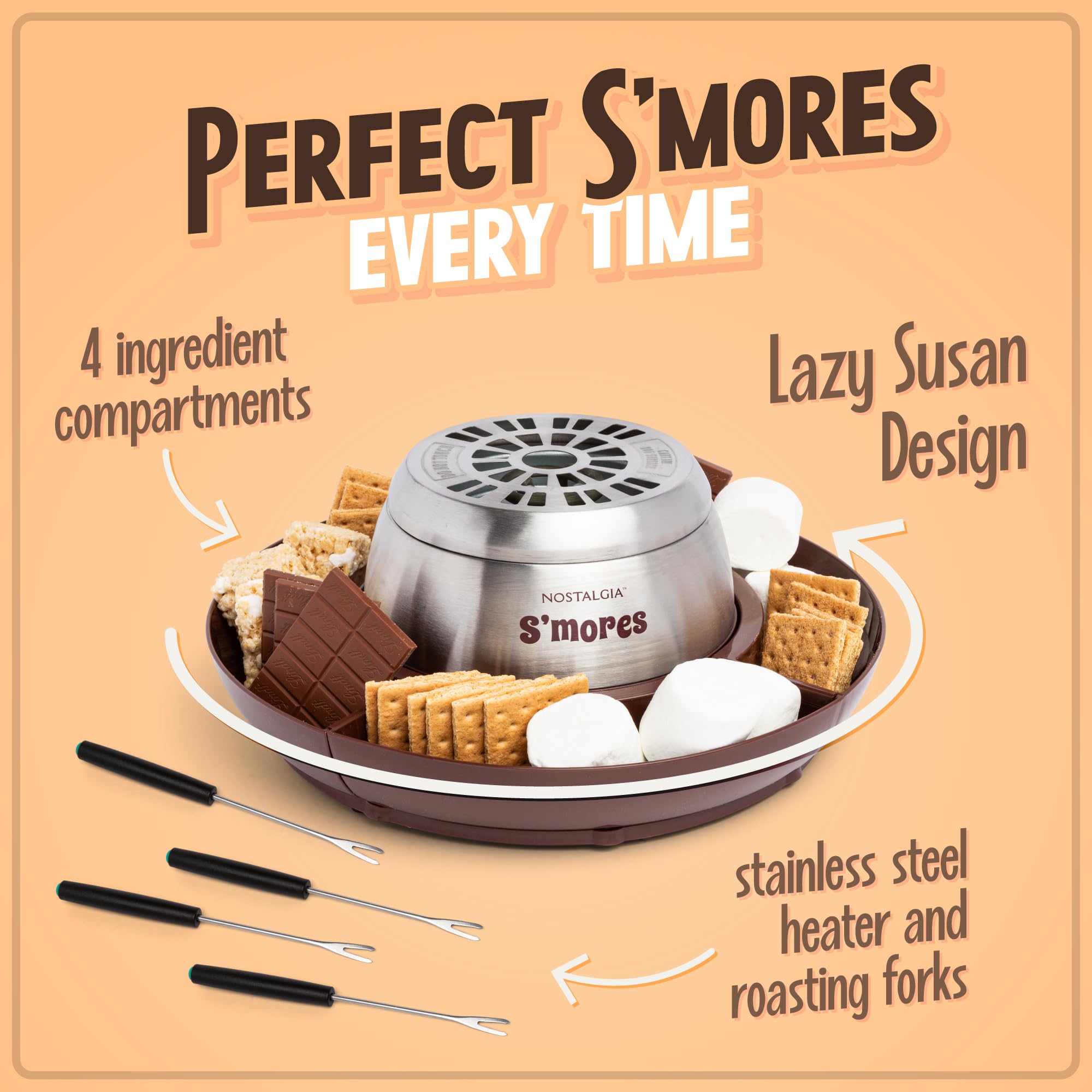 Nostalgia Tabletop Indoor Electric S'mores Maker - Smores Kit With Marshmallow Roasting Sticks and 4 Trays for Graham Crackers, Chocolate, and Marshmallows - Movie Night Supplies - Brown