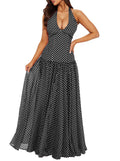 Women's Polka Dot Maxi Dress Halter Neck Sleeveless Drop Waist Flowy Summer Wedding Beach Sundress