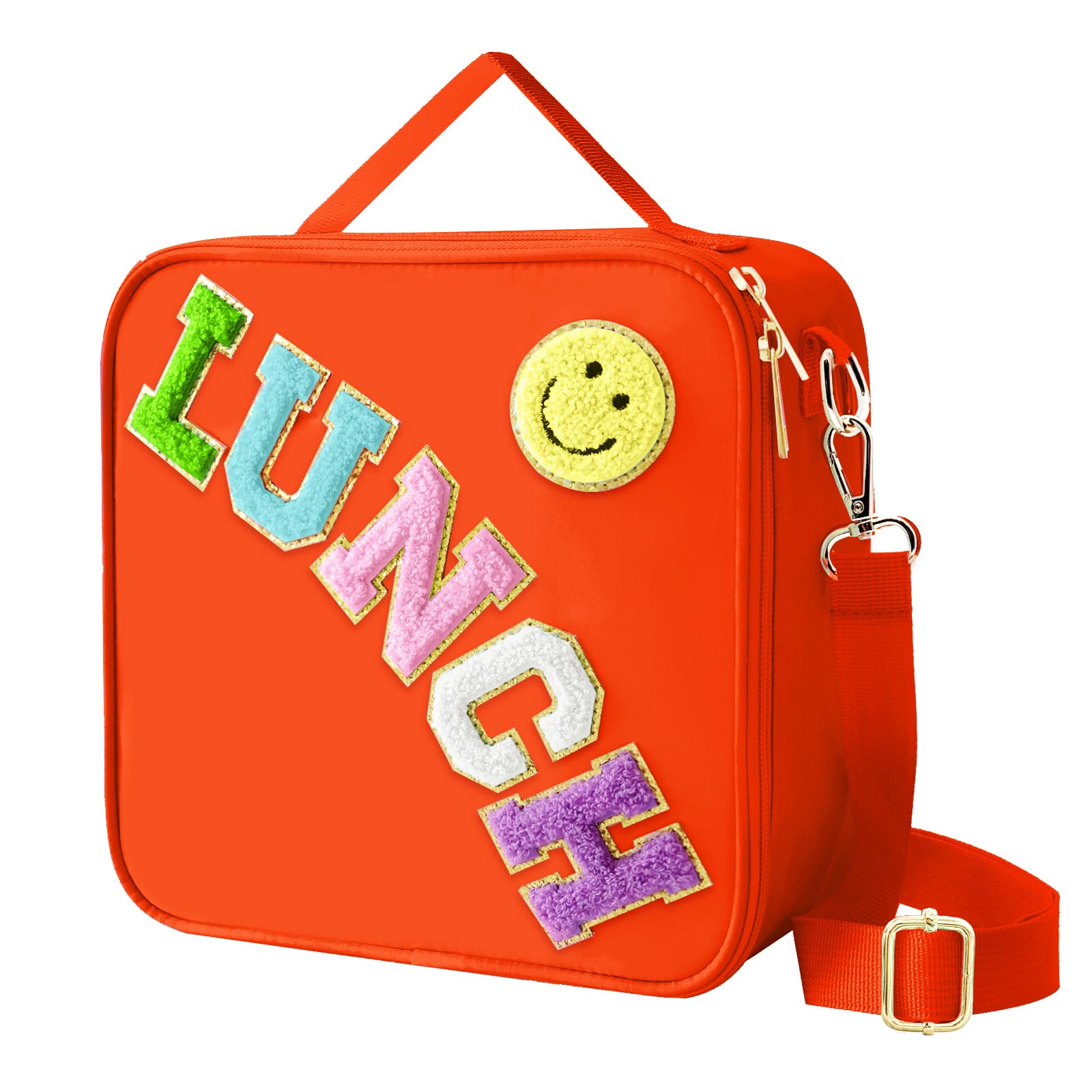 Insulated Lunch Bag With Adjustable Shoulder Strap, Nylon Preppy Lunch Box Large Insulated Lunch Bag Reusable Lunch Tote Bag with Smiley Preppy LunchBag for Girls School Travel Picnic (Purple)
