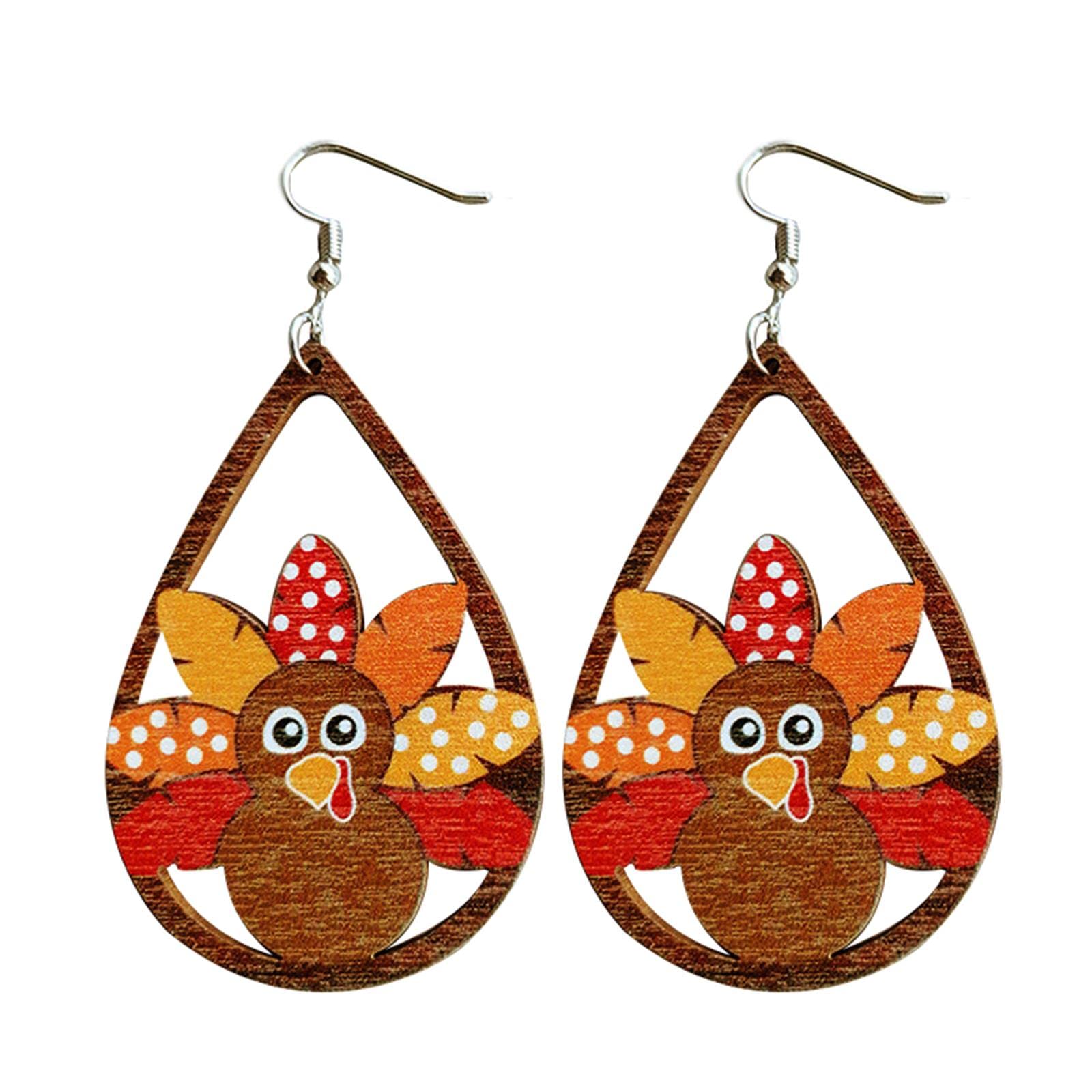 Cute Thanksgiving Turkey Pumpkin Maple Leaf Dangle Earrings Colorful Sunflower Wooden Thanksgiving Fall Earrings for Women Jewelry