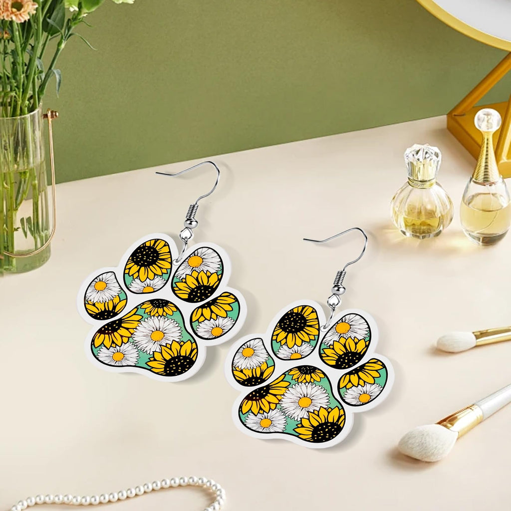 Funny Dog Sunflower Paw Print Earrings for Women - Unique & Quirky Funky Acrylic Dangle Earrings, Cute & Silly Novelty Design, Wacky & Crazy Earrings for Fun Lovers