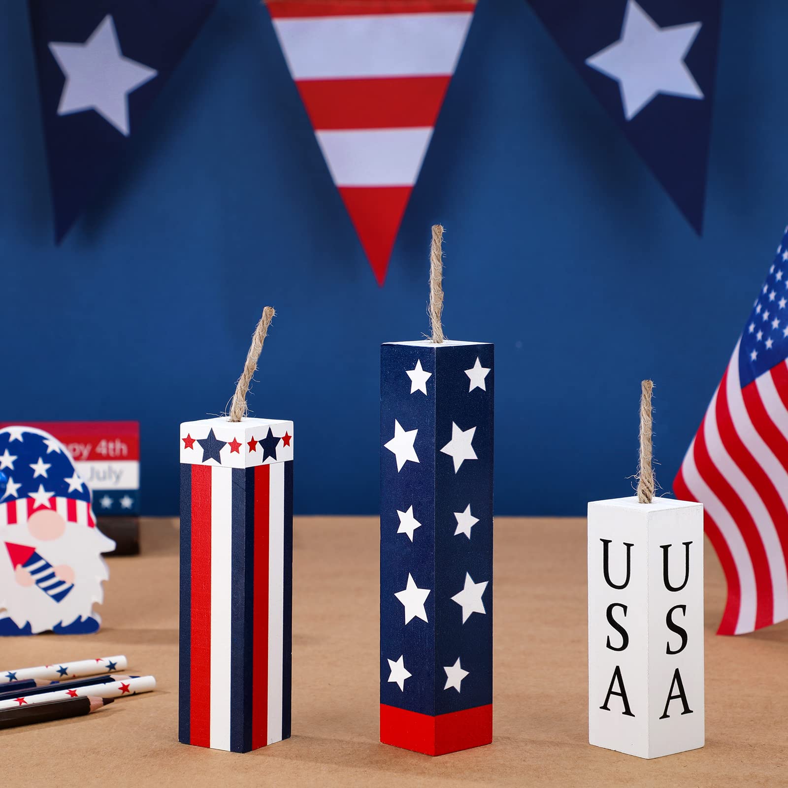 Amyhill 3 Pcs 4th of July Decorations Set Wooden Patriotic Table Centerpieces Independence Day Wood Firework Fourth of July Table Signs for 250th Anniversary Home Farmhouse Decor (Flag)