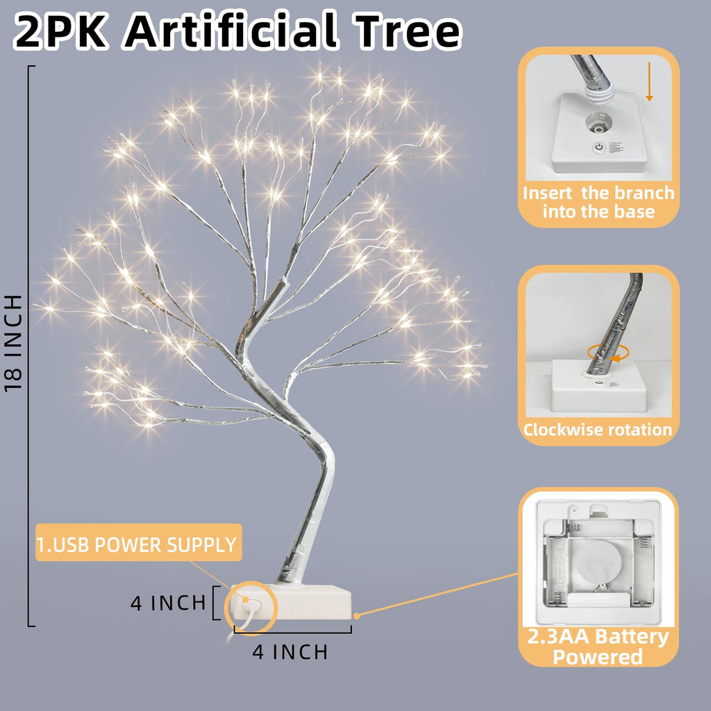 PEIDUO Home Decor, 2FT Birch Tree with LED Lights, Warm White Light up Tree Lamp, Artificial Trees for Home Table Inside, Battery Powered, Timer (2PK)