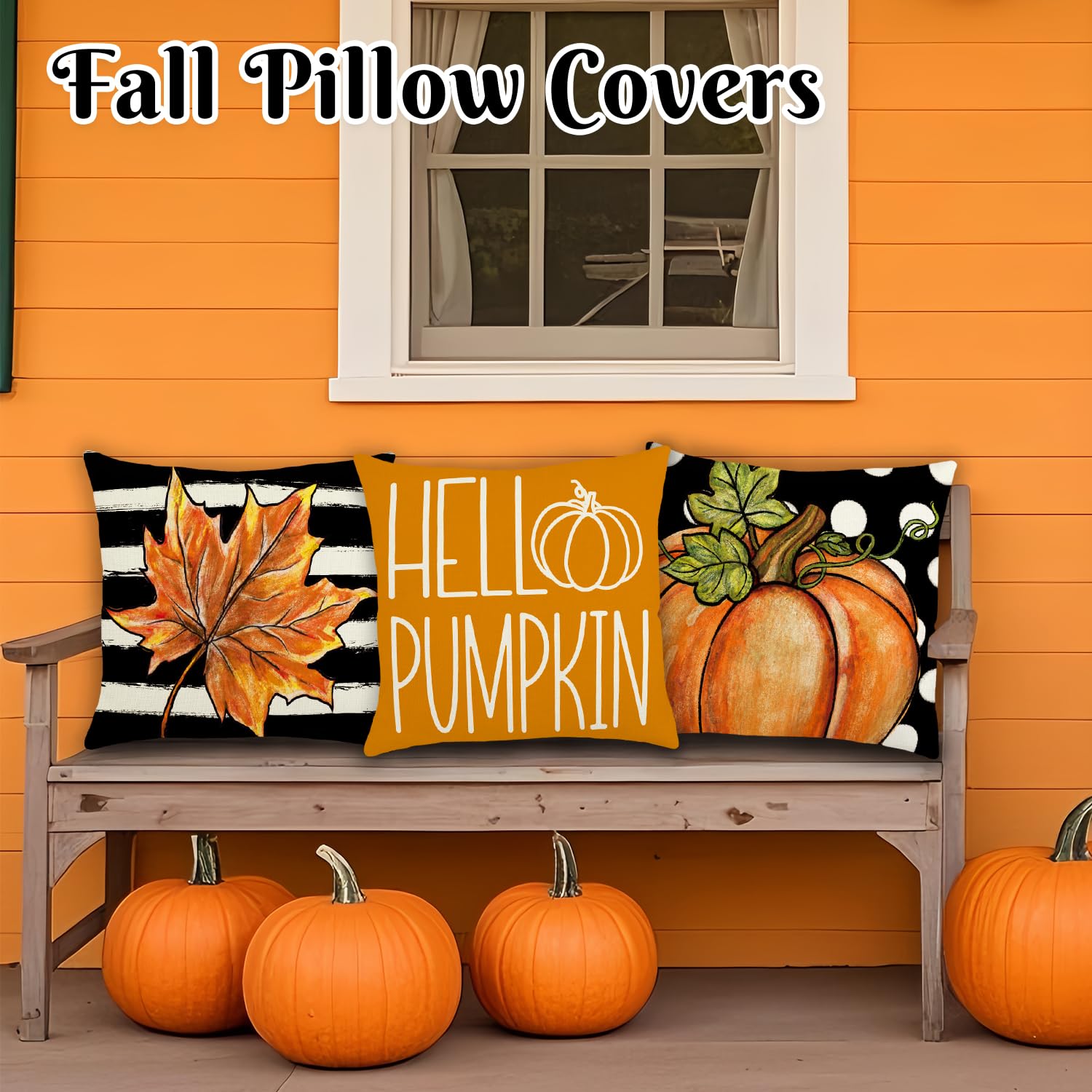 Fall Pillow Covers 18x18 Inch Autumn Pumpkin Maple Leaf Throw Pillowcase Orange Cushion Case for Thanksgiving Home Farmhouse Couch Sofa Bed Indoor Outdoor Decor (Set of 4)