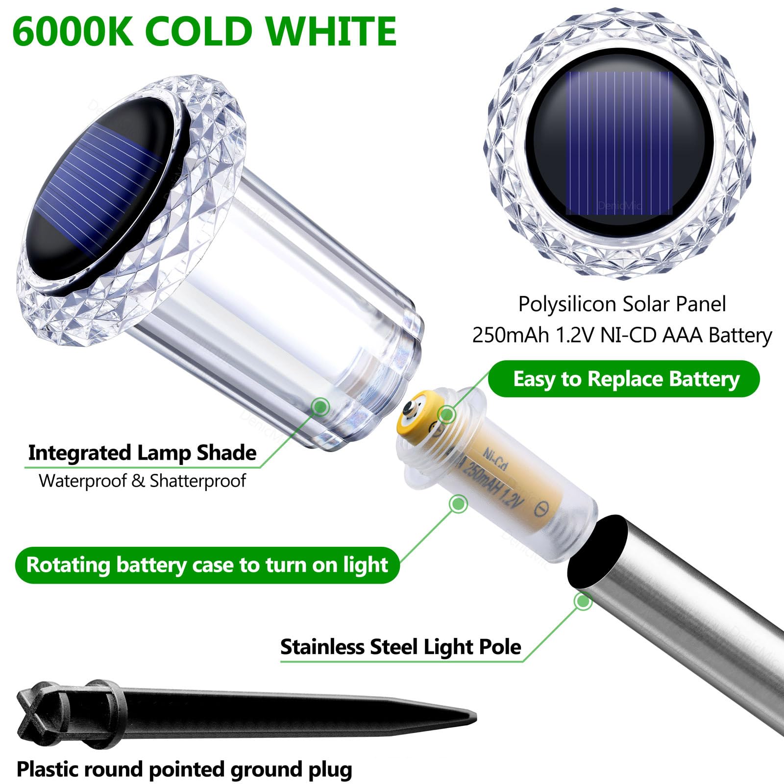 DenicMic Solar Lights Outdoor 10 Pack Waterproof 6000K Cold White LED Stainless Steel Stake Outside Lights for Yard Pathway Garden Driveway Walkway Landscape Path Lighting