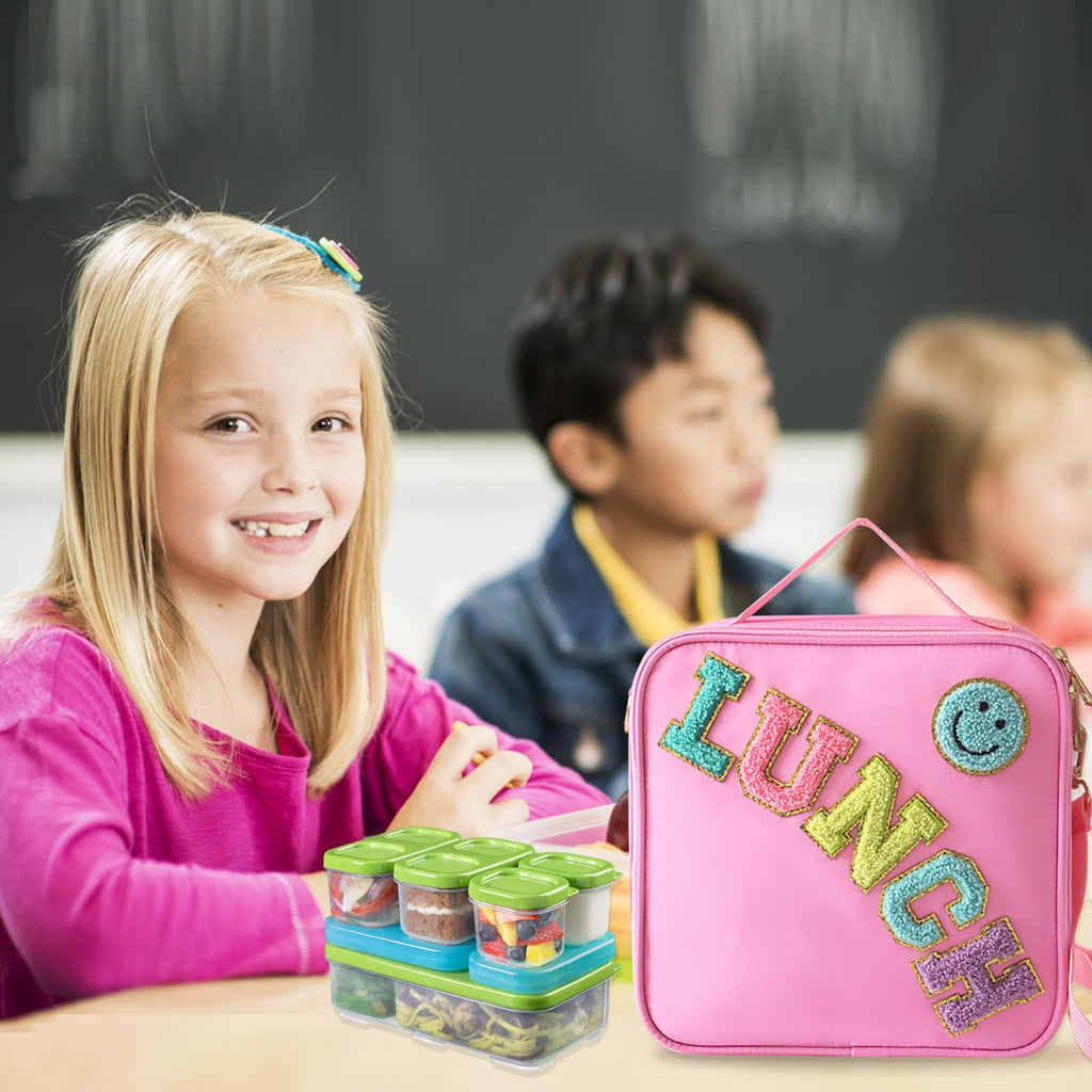 Insulated Lunch Bag With Adjustable Shoulder Strap, Nylon Preppy Lunch Box Large Insulated Lunch Bag Reusable Lunch Tote Bag with Smiley Preppy LunchBag for Girls School Travel Picnic (Purple)