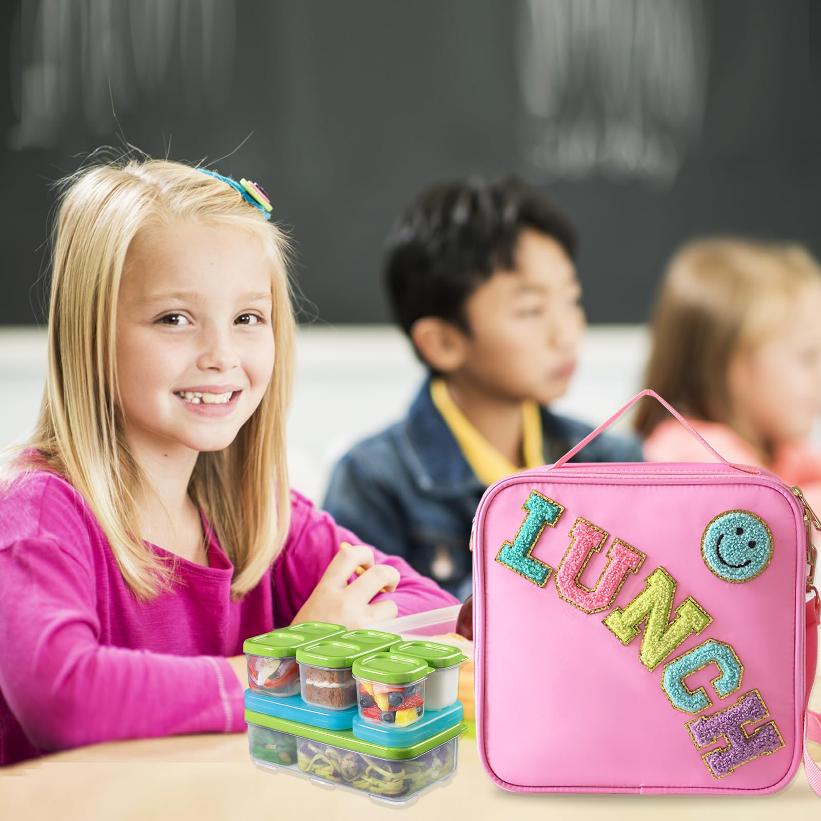 Insulated Lunch Bag With Adjustable Shoulder Strap, Nylon Preppy Lunch Box Large Insulated Lunch Bag Reusable Lunch Tote Bag with Smiley Preppy LunchBag for Girls School Travel Picnic (Purple)