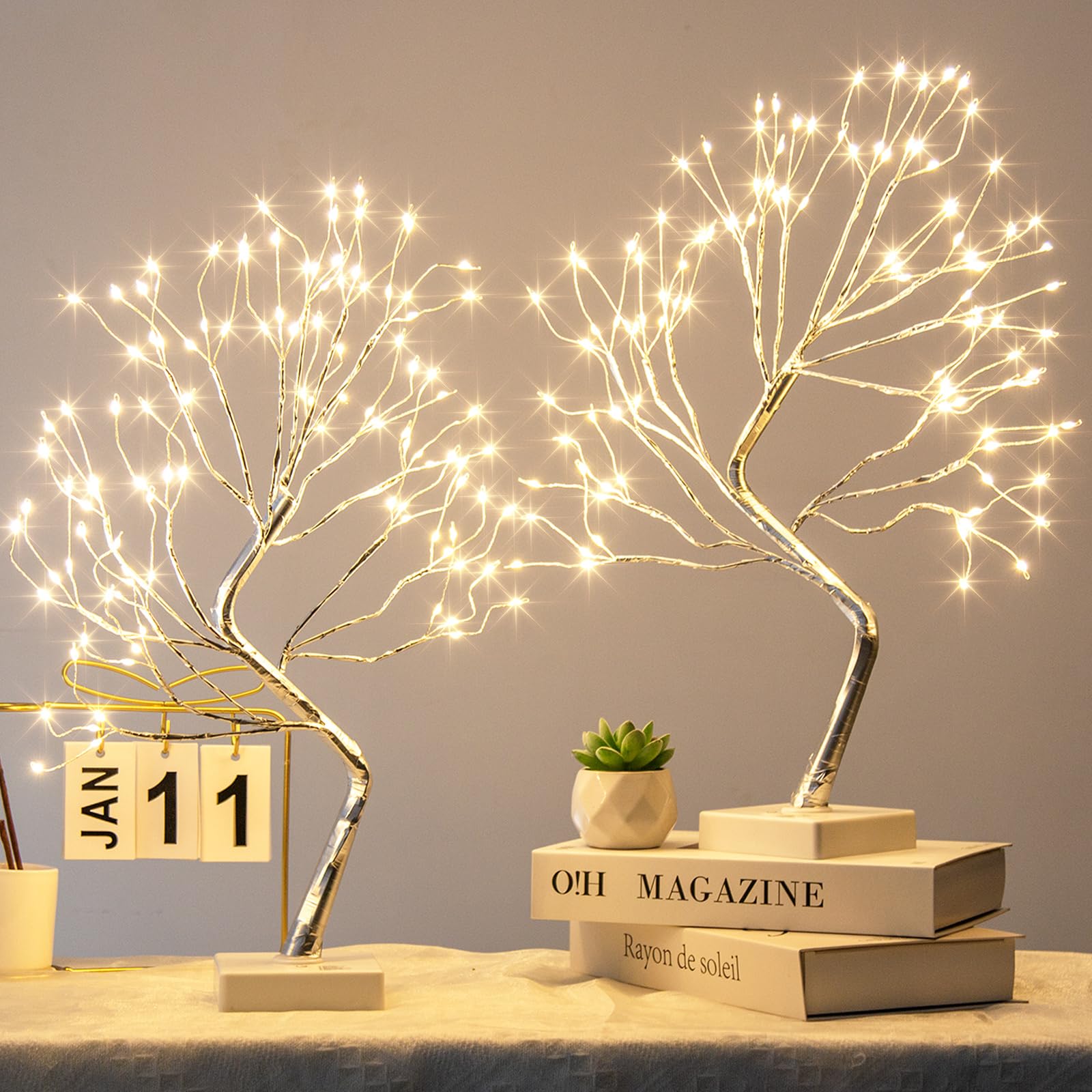 PEIDUO Home Decor, 2FT Birch Tree with LED Lights, Warm White Light up Tree Lamp, Artificial Trees for Home Table Inside, Battery Powered, Timer (2PK)