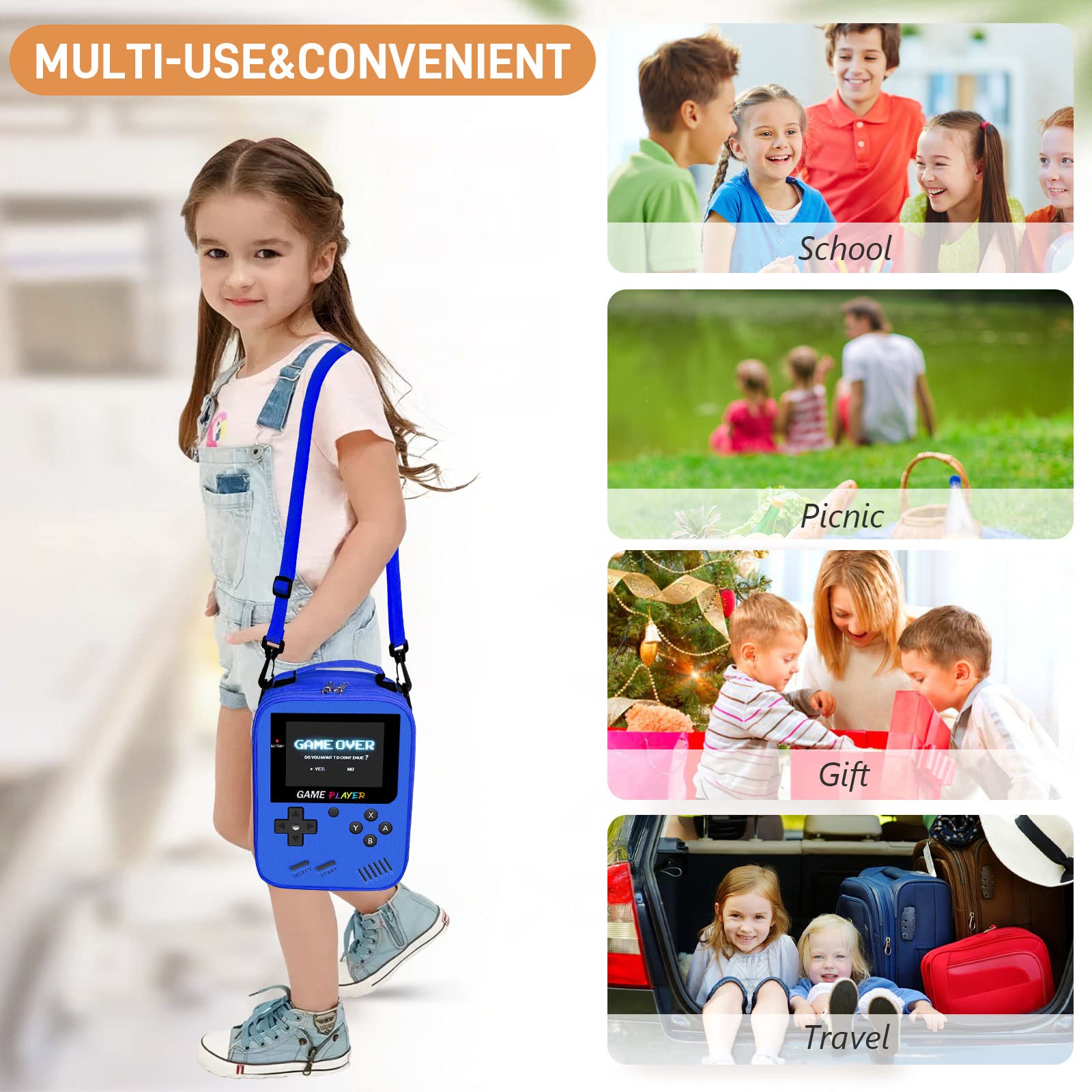 Boys Lunch Box for School, Gamer Kids Lunch Bag for Boys Girls, Insulated Video Game Lunchbox Waterproof Leakproof with Adjustable Shoulder Strap