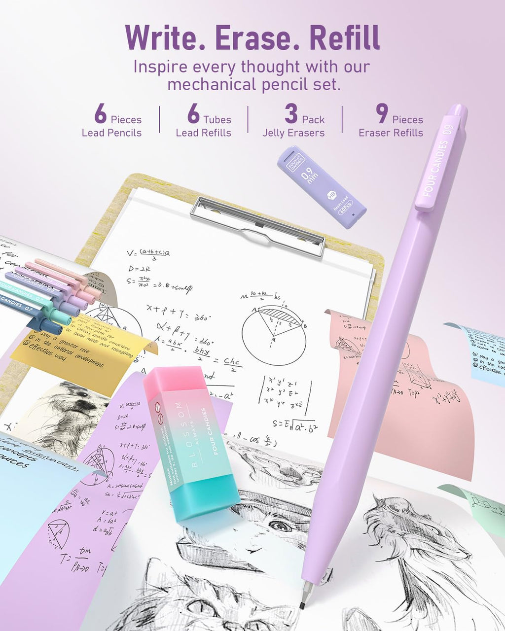 Four Candies 39 PCS Aesthetic Stationery Set with Cute Pen Case, College Supplies and Nursing Student Essentials, 12 Pastel Highlighters, 5 Black Gel Pens, 6 Mechanical Pencils, Blue
