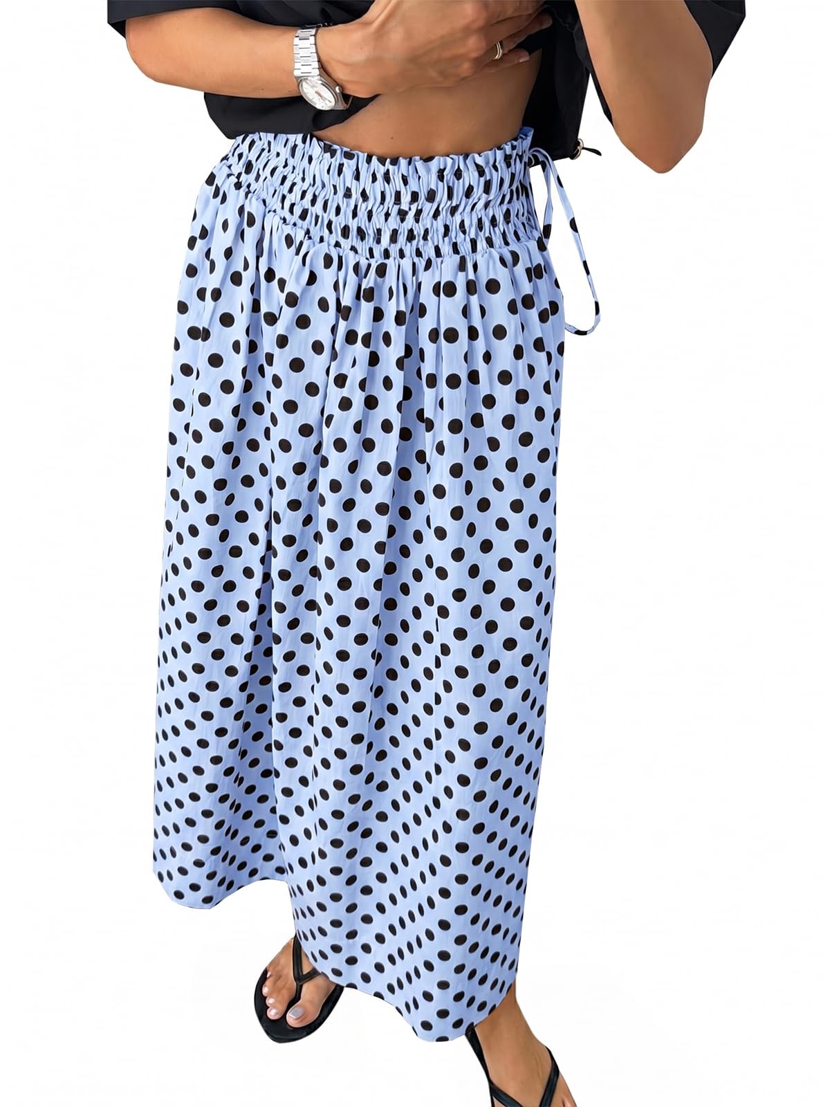 Tankaneo Womens Polka Dot Maxi Skirts Boho Smocked High Waisted Tie Skirt Casual Beach Vacation Dress