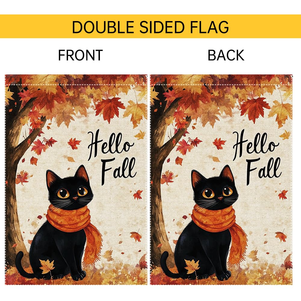 Hello Fall Garden Flag Cat Garden Flags 12x18 Inch Double Sided Vertical Autumn Farmhouse Home Decor Yard Lawn Outdoor Decorations
